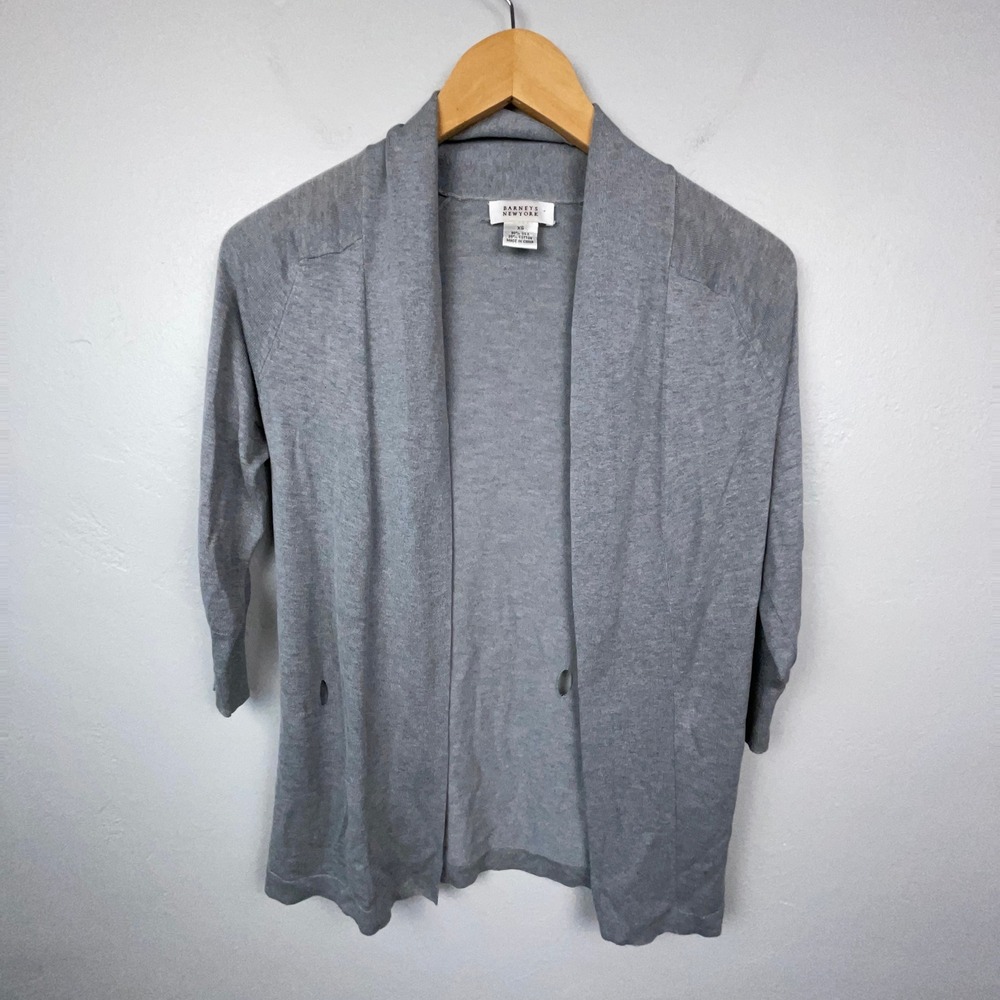 Barneys New York Cardigan Women XS Gray Silk Cotton Open Front 3/4 Sleeve Knit